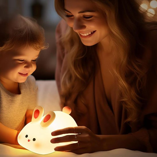 Décoration chambre bébé thème lapin, veilleuse sécurisée silicone souple