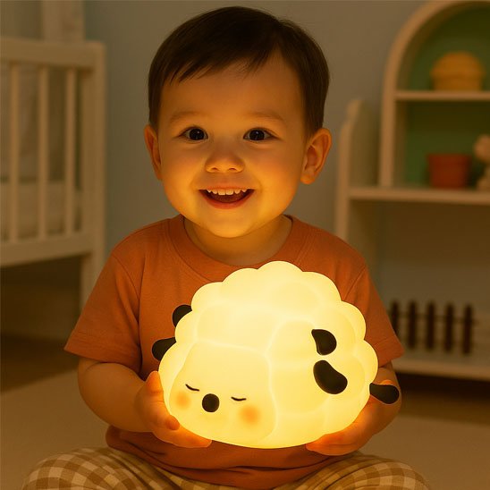Petit garçon dans sa chambre heureux avec sa veilleuse bébé mouton
