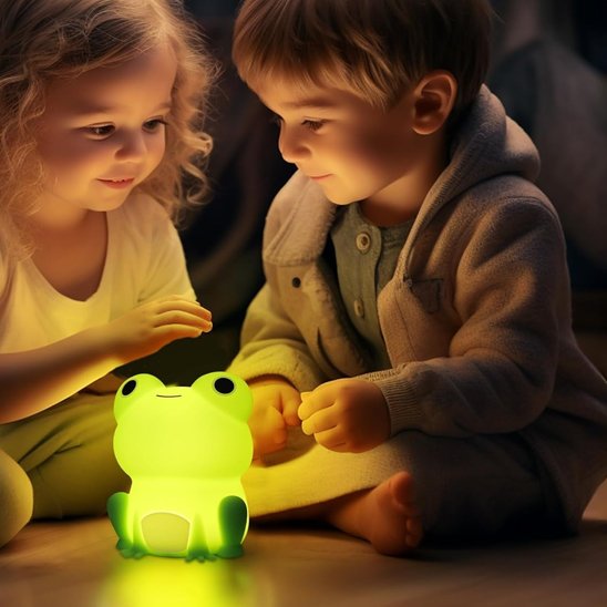 Petite fille et petit garcon qui jouent avec leur veilleuse personnage grenouille