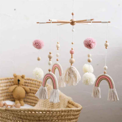 Mobile bébé arc-en-ciel bohème en laine et bois naturel – décoration douce pour chambre bébé
