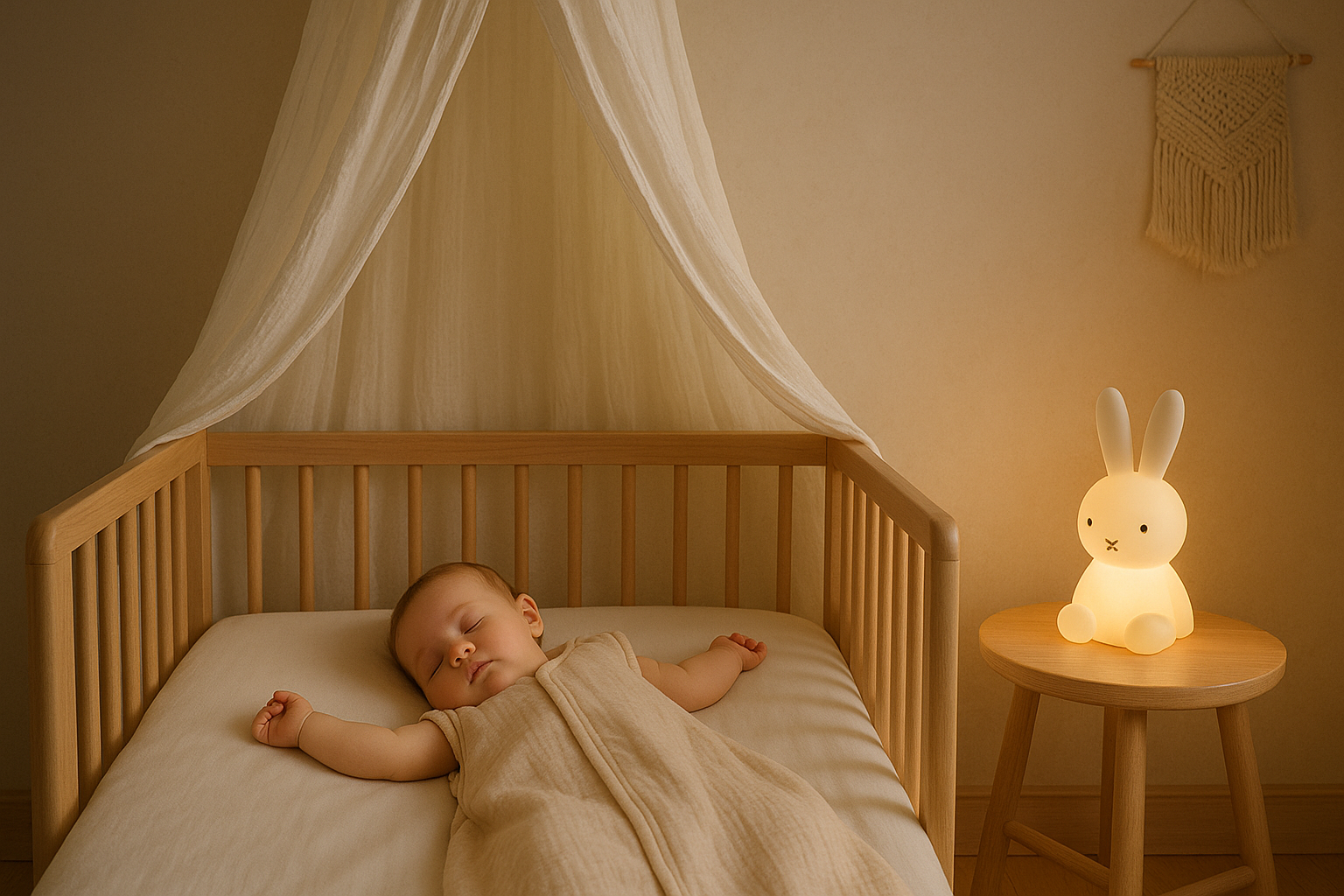 Bébé endormi paisiblement dans son lit, portant une gigoteuse en coton beige, sous un joli ciel de lit en gaze blanche, lumière douce d’une veilleuse, ambiance chaleureuse et apaisante, chambre bébé en bois clair, tons pastel et crème, photo réaliste, composition centrée avec espace libre pour texte, rendu professionnel.