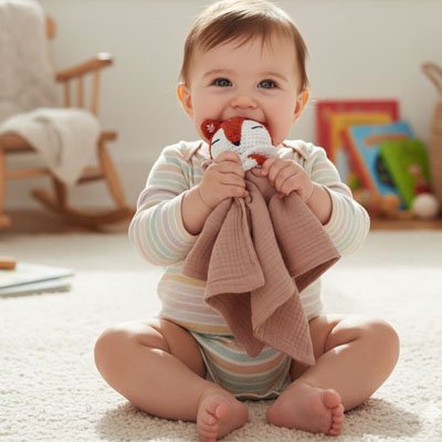 Bébé assis portant son doudou renard à la bouche pendant un moment de jeu calme
