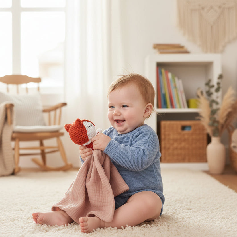 Bébé assis sur un tapis jouant avec son doudou renard dans un intérieur lumineux