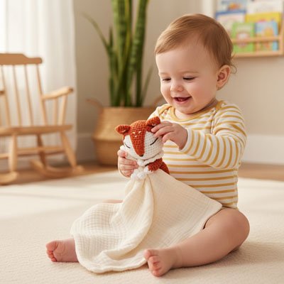 Bébé assis tenant un doudou renard et découvrant les textures pendant le jeu