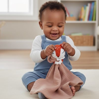 Bébé souriant assis au sol jouant avec un doudou renard dans une ambiance cocooning